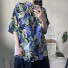 Leaf Print Elbow-sleeve Shirt Multicolor - One Size