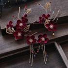 Wedding Set: Rhinestone Flower Hair Clip + Fringe Dangle Earring Set Of 2 - Hair Clip & 1 Pair - Dangle Earring - Clip On Earring - As Shown In Figure - One Size