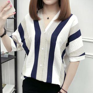 Short-sleeve V-neck Striped Shirt
