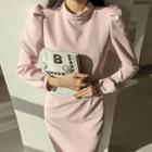 Stand-collar Puff-shoulder Dress