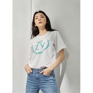 Faux-pearl Trim Letter Print T-shirt White - One Size