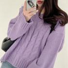 Plain V-neck Oversized Cable Knit Sweater Purple - One Size