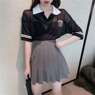 Applique Short-sleeve Polo Shirt / Pleated Skirt