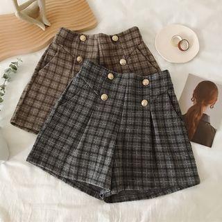 High-waist Double-breasted Plaid Wide-leg Shorts