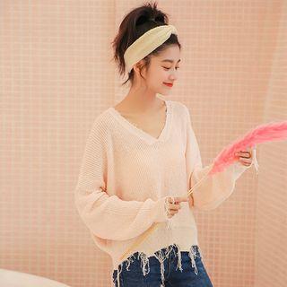 Frayed Trim V-neck Sweater