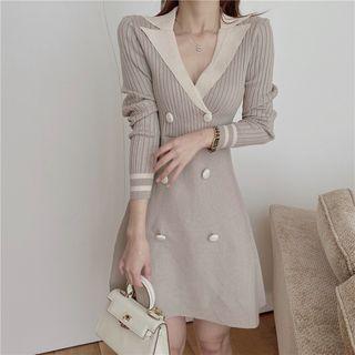 Button Detail Long-sleeve A-line Knit Dress