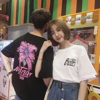 Couple Matching Elbow-sleeve Floral Print T-shirt
