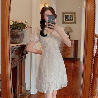 Sequined Lace Short-sleeve V-neck A-line Dress