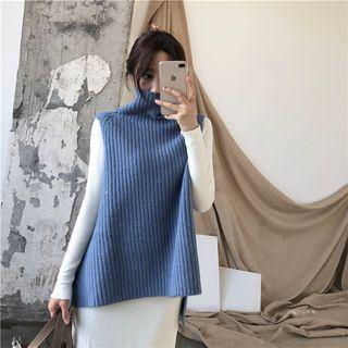 Plain Mock-neck Long-sleeve Knit Dress / Knit Vest