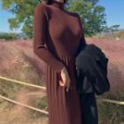 Mockneck Pleated Rib-knit Dress