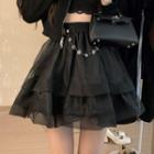 High-waist A-line Mesh Tiered Skirt Black - One Size