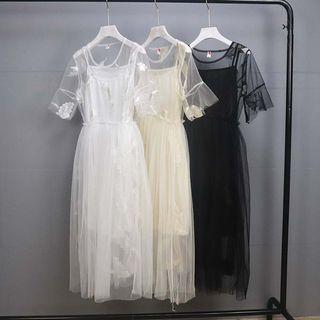 Set: Embroidered Short-sleeve Midi Mesh Dress + Slipdress