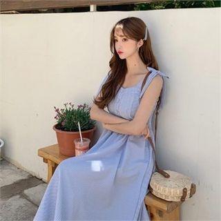 Gingham Long Pinafore Dress Sky Blue - One Size