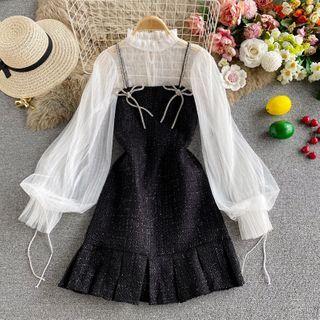 Set: Sheer Lace Blouse + Bow-detail Tweed Mini Dress