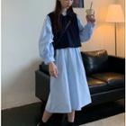 Long-sleeve Midi Shift Dress / Plain Vest