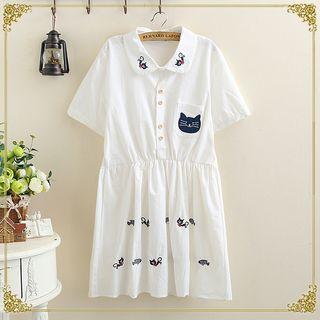 Cat Embroidered Short Sleeve Shirtdress