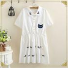 Cat Embroidered Short Sleeve Shirtdress