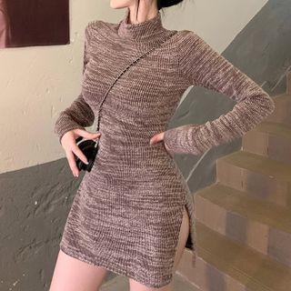 Mock-neck Melange Knit Dress Coffee - One Size