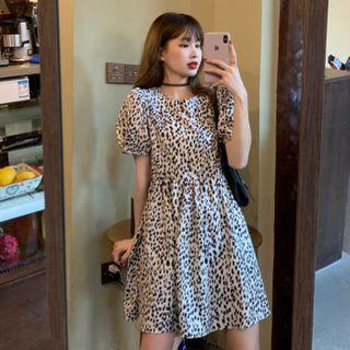 Short-sleeve Leopard Print A-line Dress As Shown In Figure - One Size