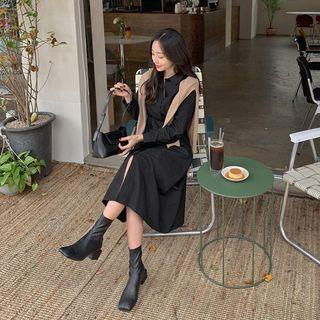 Buckled-waist Long Shirtdress
