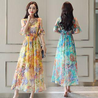 Printed Cutout Shoulder Short-sleeve Midi Dress