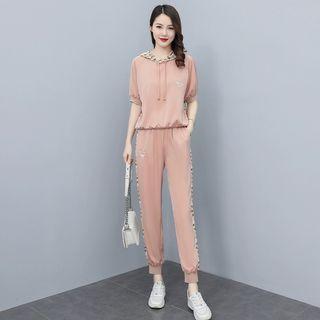Set: Elbow-sleeve Print Hoodie + Sweatpants
