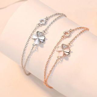 Clover Rhinestone Layered Sterling Silver Bracelet