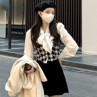 Long-sleeve Tie-strap Shirt / Houndstooth Button-up Vest / Pleated Mini A-line Skirt