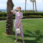 Floral Print Wrap-front Long Dress Pink - One Size