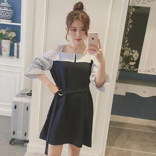 Pinstriped Panel Off Shoulder 3/4 Sleeve Dress