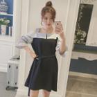 Pinstriped Panel Off Shoulder 3/4 Sleeve Dress