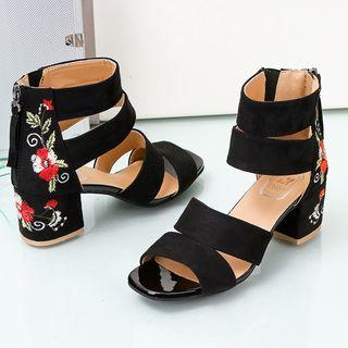 Floral Print Faux Suede Block Heel Sandals