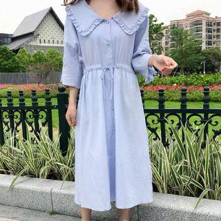 3/4-sleeve Collared Drawstring Waist Dress