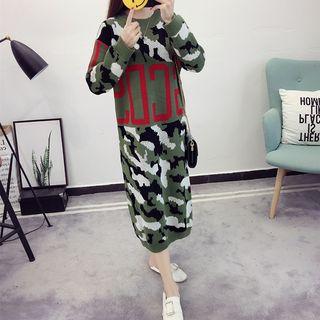 Long-sleeve Lettering Knit Midi Dress