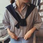 Stand-collar Elbow-sleeve Loose-fit Striped Strappy Blouse