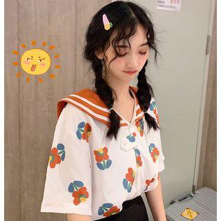 Flower Sailor-collar Elbow-sleeve Top As Shown In Figure - One Size