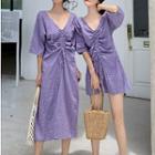 Elbow Sleeve V-neck Drawstring Plaid A-line Dress