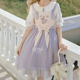Cartoon Print Overall Dress / Short-sleeve Blouse