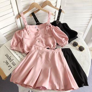 Set: Cold-shoulder Pocket Detail Blouse + Mini Pleated Skirt