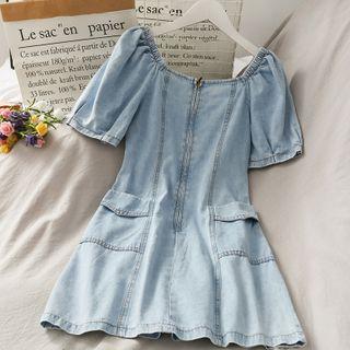 Boatneck Zipper Denim Mini Dress