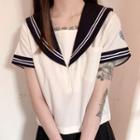 Sailor Collar Short-sleeve Blouse / Mini Pleated Skirt / Bow Tie / Set