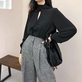 Set: Long-sleeve V-neck Plain Blouse + High-waist Straight Leg Pants