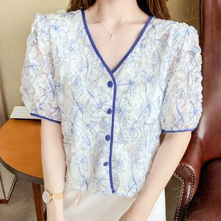 Short Sleeve V-neck Flower Contrast Trim Blouse