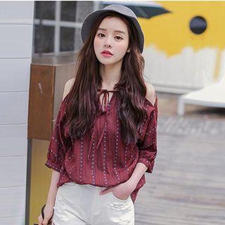 Printed Cold Shoulder 3/4-sleeve Chiffon Blouse