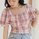 Square Collar Plaid Cropped Top