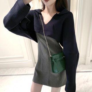 Set: Cropped Pullover + Plaid Spaghetti-strap Mini A-line Dress