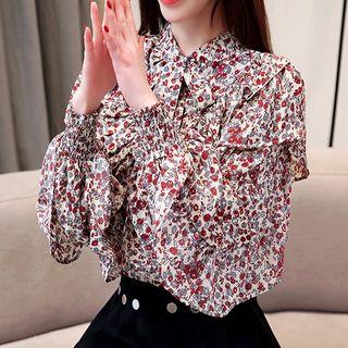 Long-sleeve Ruffled Floral Chiffon Top