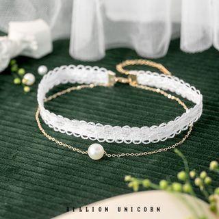 Bead Pendant Lace Choker White - One Size