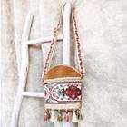 Tassels Accent Embroidered Zipper Bucket Bag With Shoulder Strap As Shown In Figure - One Size