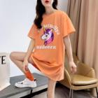 Unicorn Print Elbow-sleeve Mini T-shirt Dress